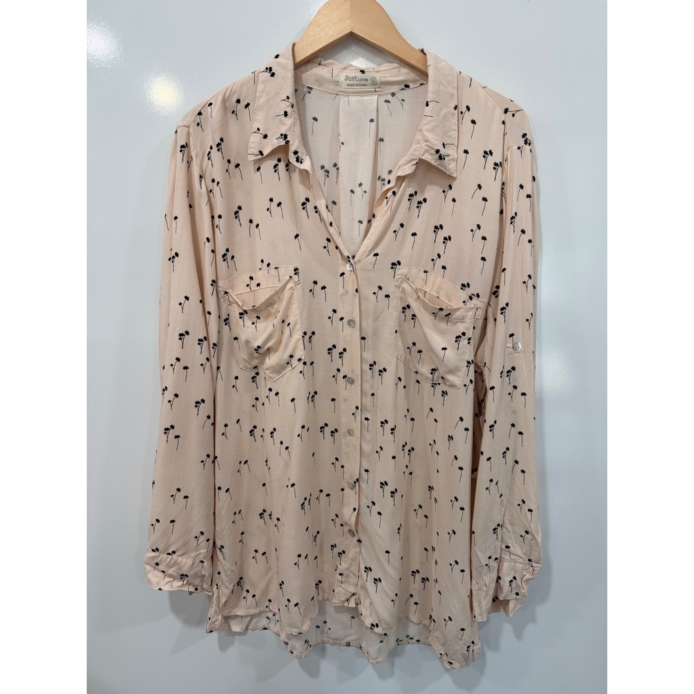 Just Living Peach Palm Tree Print Roll Tab Button Down Shirt 3X Womens New